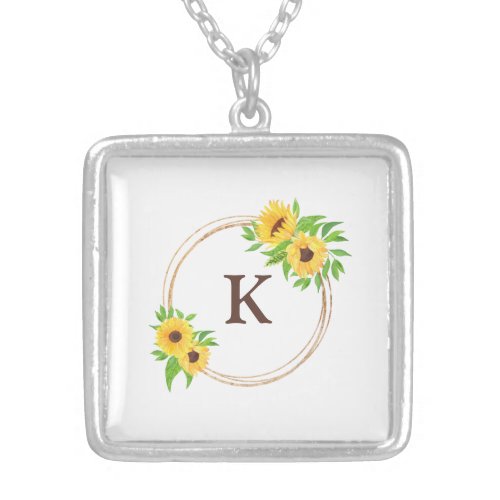 Monogram Sunflowers Gold Frame Green Leaves Rustic Silver Plated Necklace