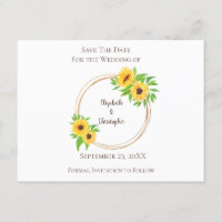 Monogram Sunflowers Green Leaves Rustic Wedding Announcement Postcard