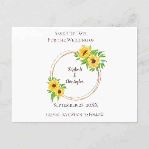 Monogram Sunflowers Green Leaves Rustic Wedding Announcement Postcard