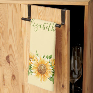 Monogram Sunflowers Yellow Green Floral Flowers Kitchen Towel