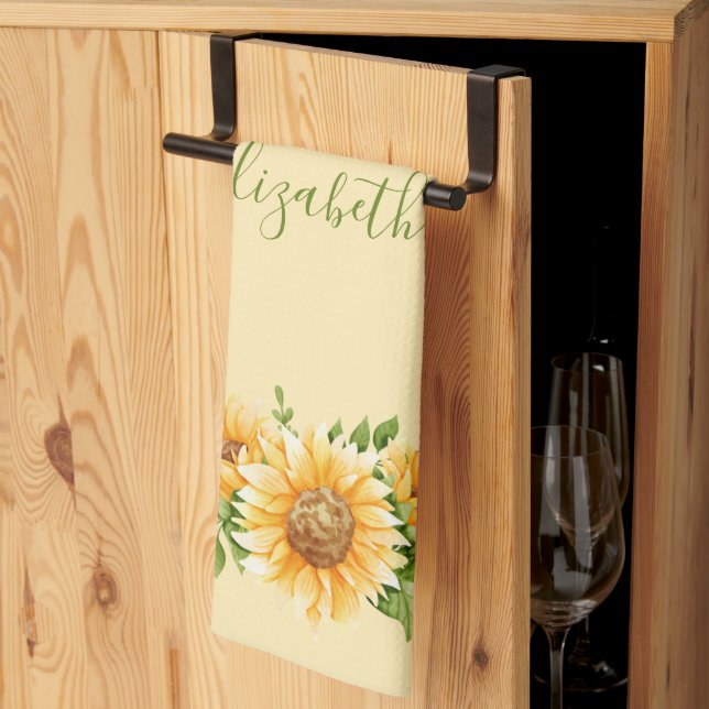 Monogram Sunflowers Yellow Green Floral Flowers  Kitchen Towel (Thirds Fold)