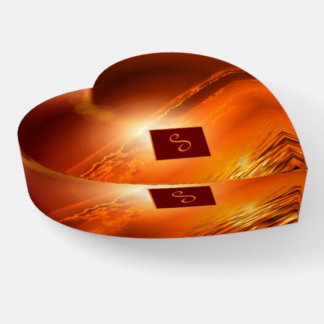 Monogram Sunset Orange Golden Sky Sea Gold Heart Paperweight (Angled)