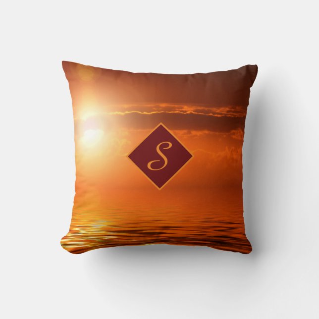Monogram Sunset Yellow Scene Sea of Gold Sky Beach Throw Pillow (Front)