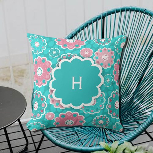 Monogram super cool girls aqua and pink floral throw pillow