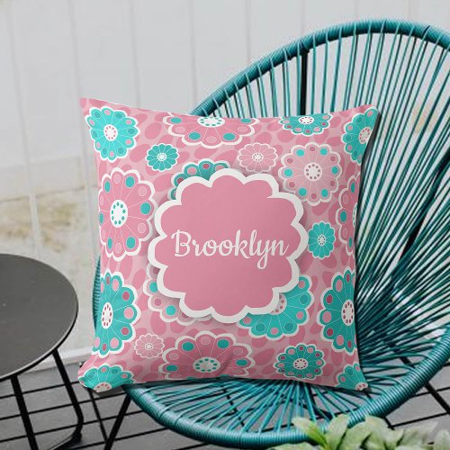 Monogram super cool girls pink and aqua floral throw pillow