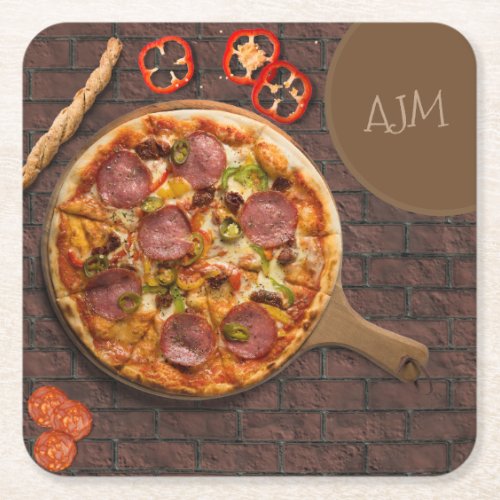 Monogram Supreme Pizza Party Square Paper Coaster