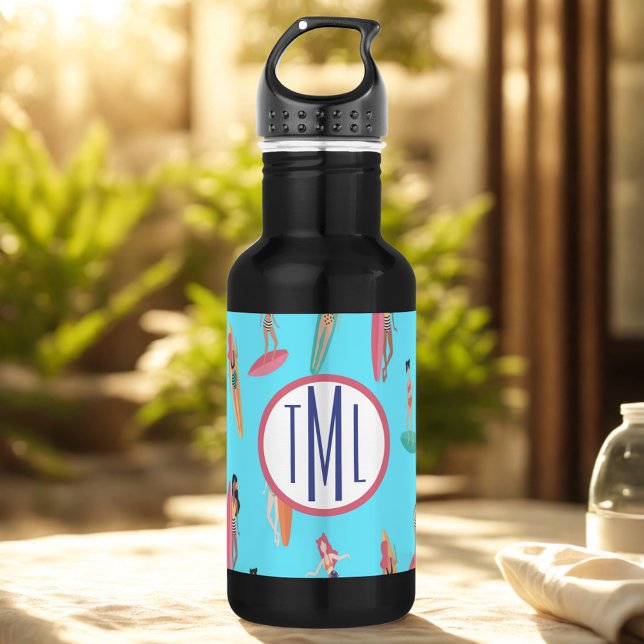 Monogram Surfer Girl Hawaiian Themed Stainless Steel Water Bottle (Creator Uploaded)