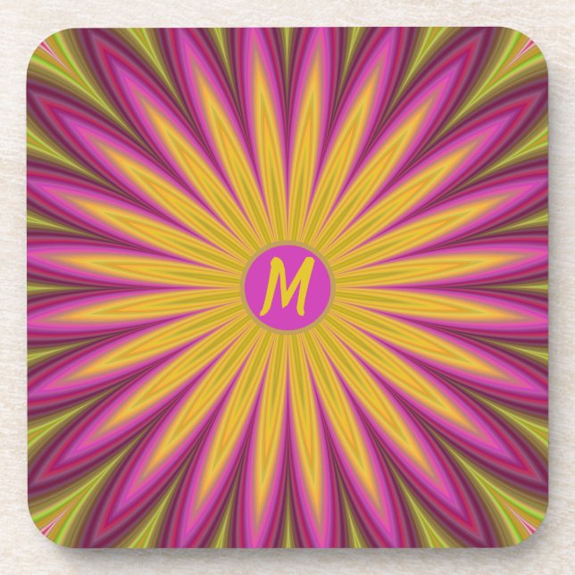 Monogram Surreal Sunflower Burst of Color Beverage Coaster (Front)