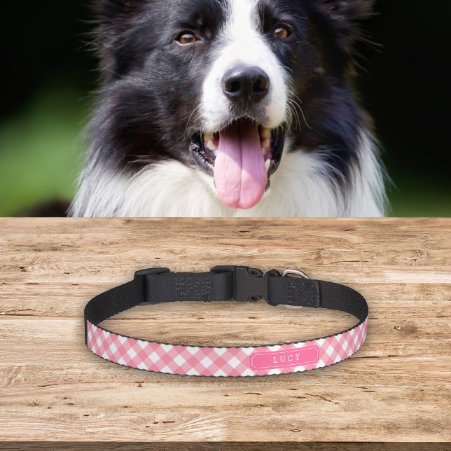 Monogram Sweet Baby Pink Gingham Custom Name Pet Collar (Creator Uploaded)