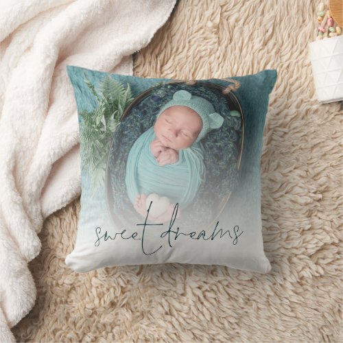 Monogram Sweet Dreams Baby Photo Turquoise Throw Pillow