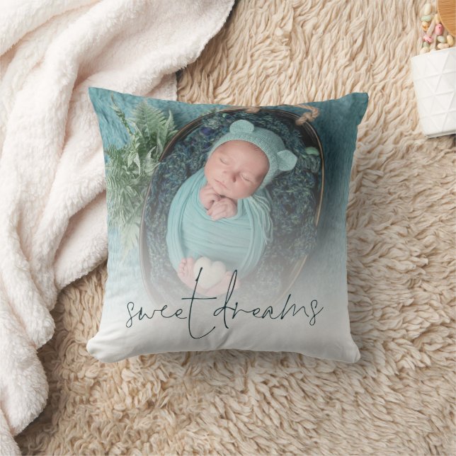 Monogram Sweet Dreams Baby Photo Turquoise Throw Pillow (Blanket)