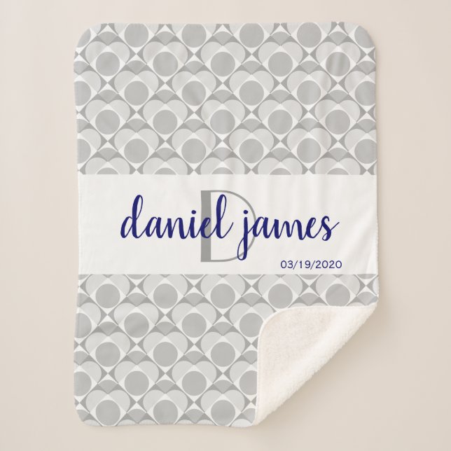 Monogram, sweet heart geometric gray/white/navy sherpa blanket (Front)