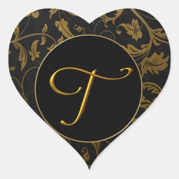 Monogram T Gold And Black Damask Wedding Seal by SpiceTree_Weddings at Zazzle