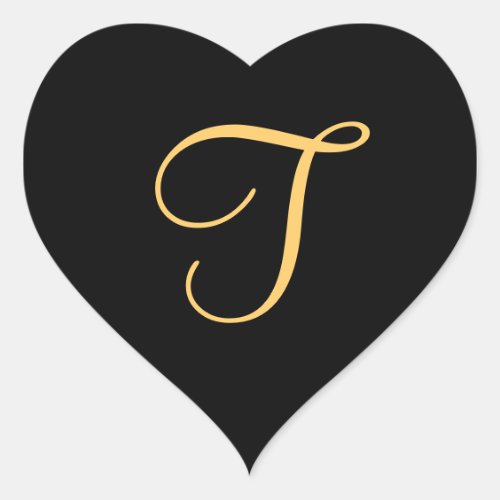 Monogram T  gold colored initial T on black Heart Sticker