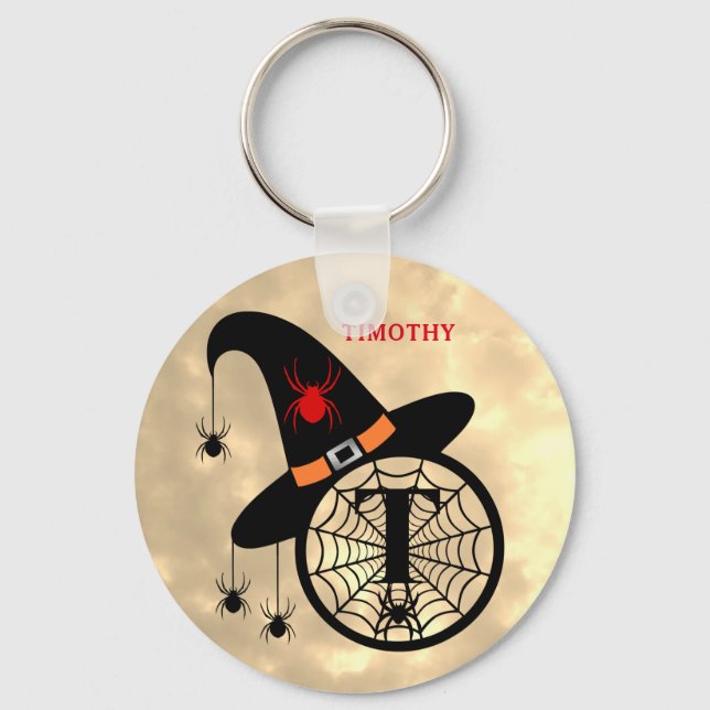 Monogram T Halloween Sky Witch Spiders Name Keychain (Front)