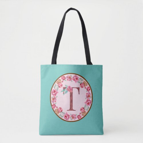 Monogram T Letter with Peony Flower Image Tote Bag