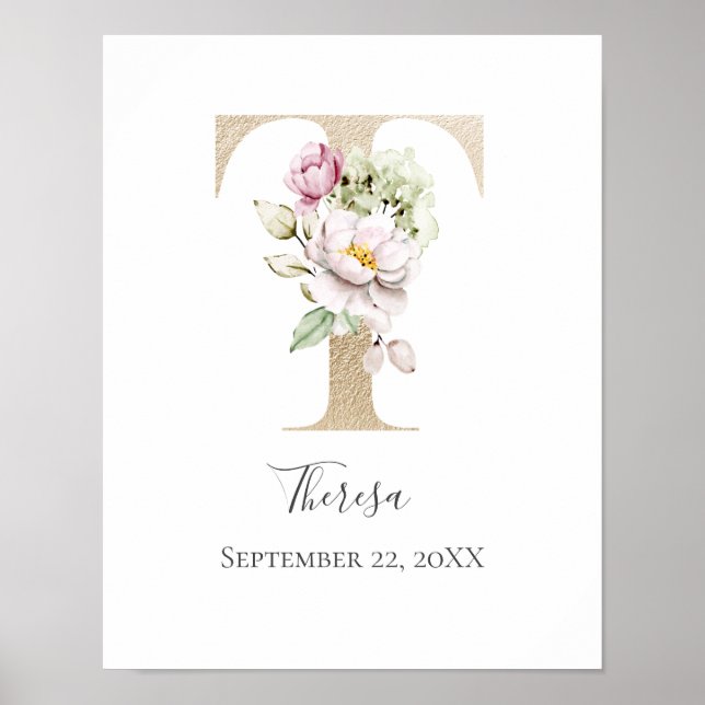 Monogram T Pink White Floral Gold Letter Nursery   Poster (Front)
