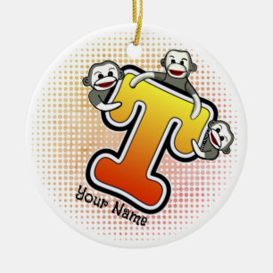 Monogram T Sock Monkey Ceramic Ornament