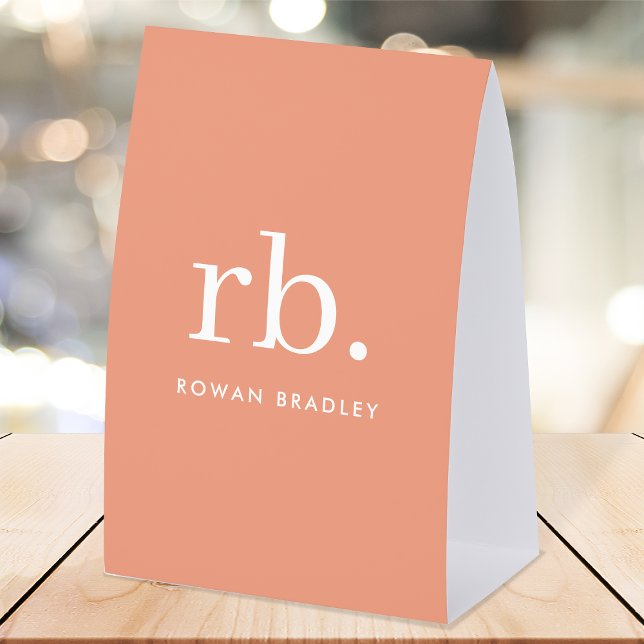 Monogram Table Tent | Coral Tabletop Name Sign (Feminine stylish coral peach unique monogram paper table tent nameplate sign.)