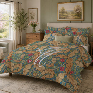 Monogram tan blue William Morris floral Marigold Duvet Cover