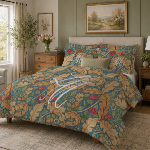 Monogram tan blue William Morris floral Marigold Pillow Case