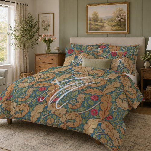 Monogram tan blue William Morris floral Marigold Pillow Case
