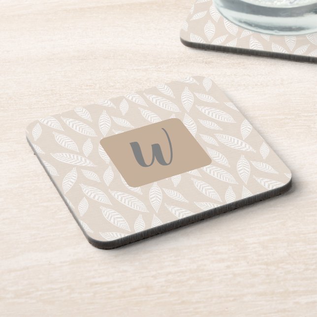 Monogram Tan Botanical Leaves Beverage Coaster (Left Side)