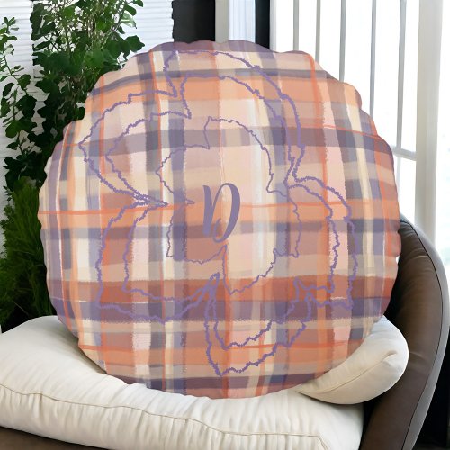 Monogram tartan fall leaves beige orange purple  round pillow