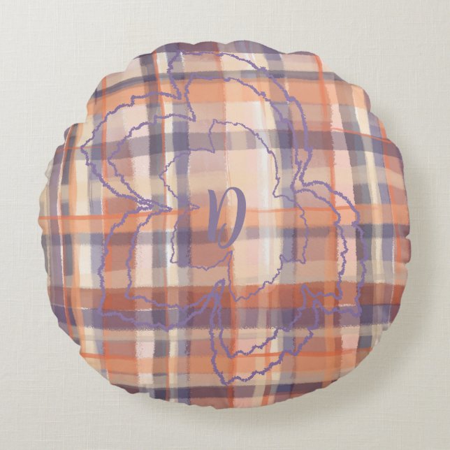 Monogram tartan fall leaves beige orange purple  round pillow (Front)