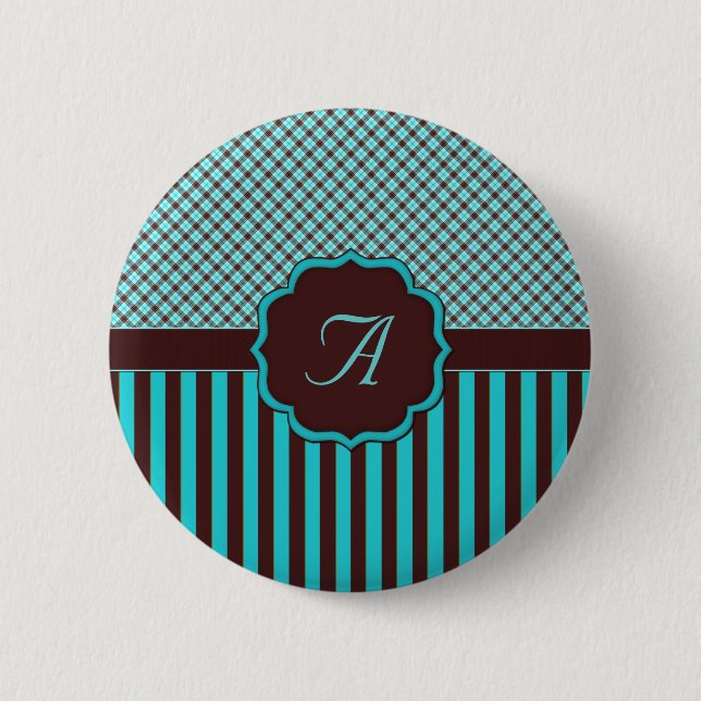 Monogram Tartan, Lt Teal Choc Brown Pinback Button (Front)
