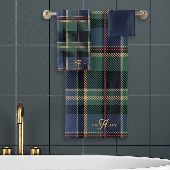 Monogram Tartan Navy Blue Green ID1141B Bath Towel Set (Creator Uploaded)