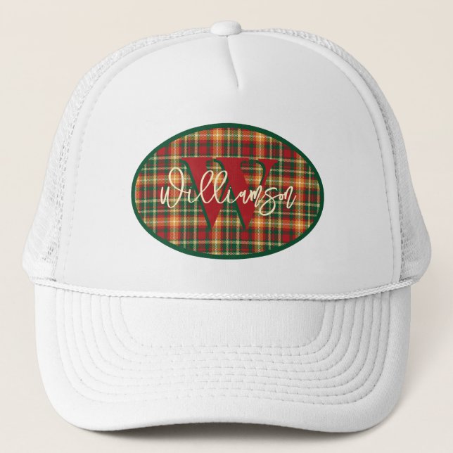 Monogram Tartan Orange Green Plaid Emblem Trucker Hat (Front)