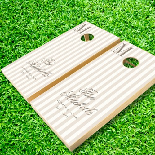 Monogram Taupe Ivory Stripes Script Wedding Cornhole Set