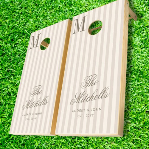 Monogram Taupe Ivory Stripes Script Wedding Cornhole Set