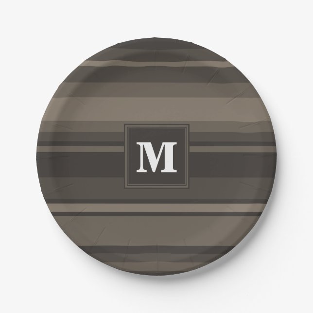 Monogram taupe stripes paper plates (Front)