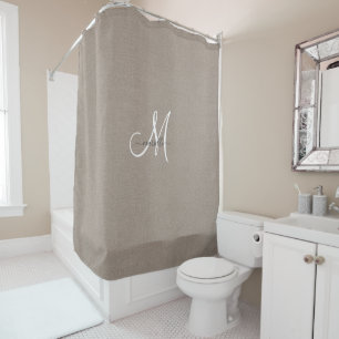 Monogram Taupe White Script Faux Linen  Shower Curtain