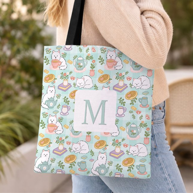 Monogram Tea & Bookish Cats  Tote Bag Mint Green (Creator Uploaded)