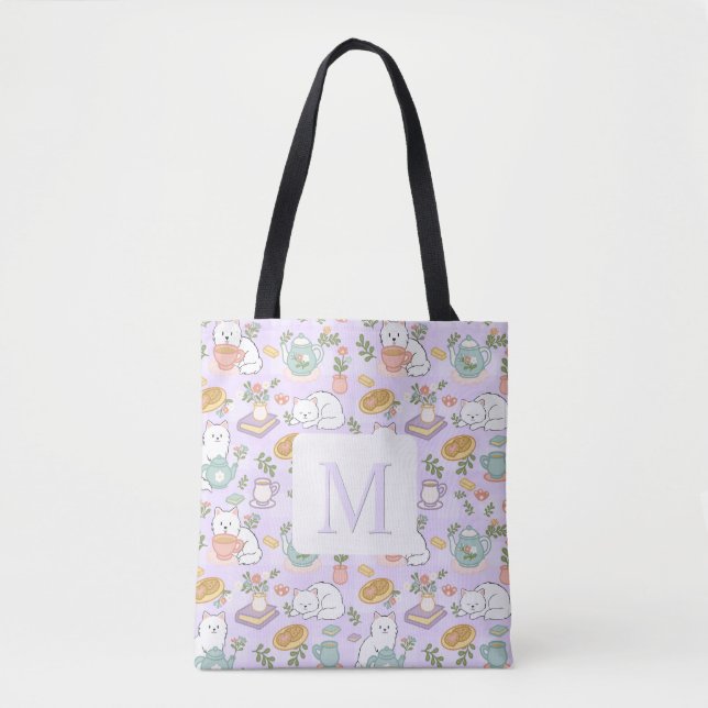 Monogram Tea & Bookish Cats Tote Bag Purple (Front)