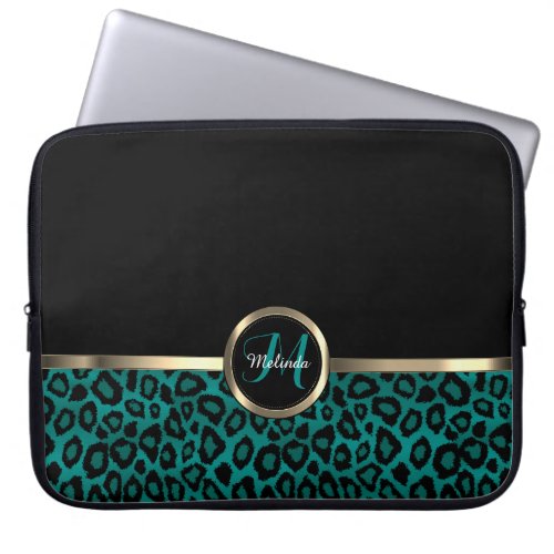 Monogram Teal and Black Leopard with Gold Accents Laptop Sleeve