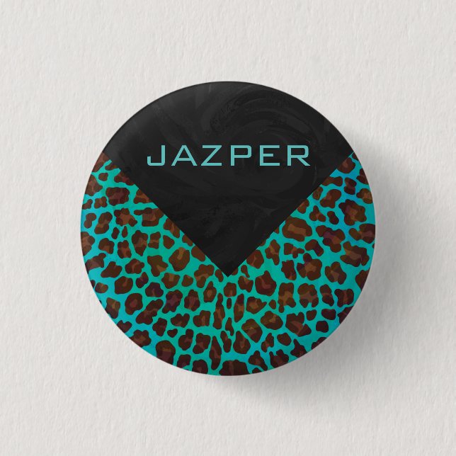 Monogram Teal and Brown Leopard Button (Front)
