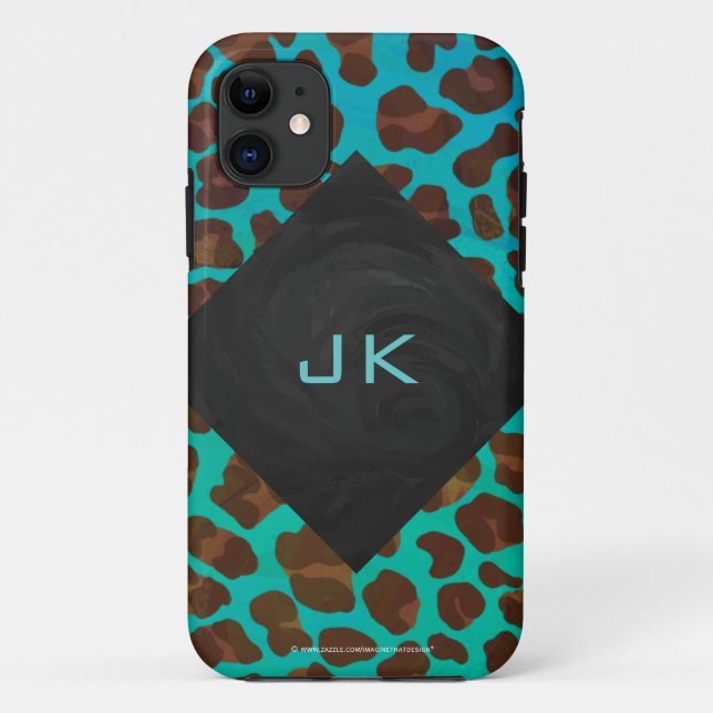 Monogram Teal and Brown Leopard Case-Mate iPhone Case (Back)