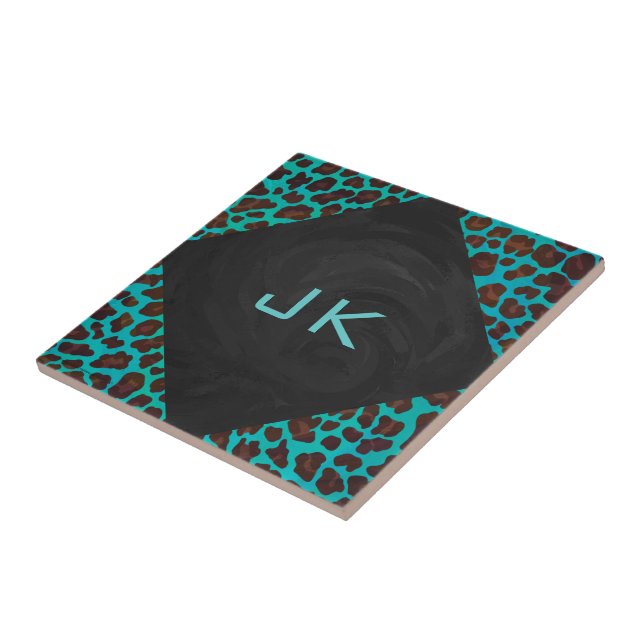 Monogram Teal and Brown Leopard Ceramic Tile (Side)