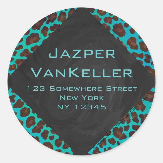 Monogram Teal and Brown Leopard Classic Round Sticker (Front)