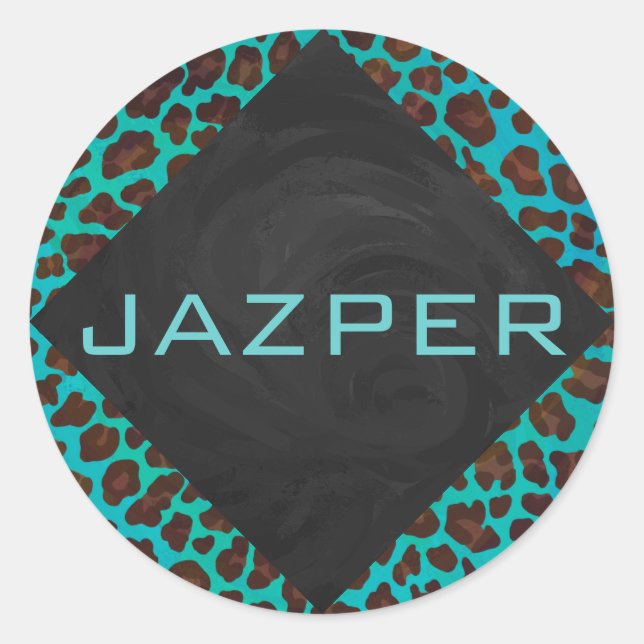Monogram Teal and Brown Leopard Classic Round Sticker (Front)