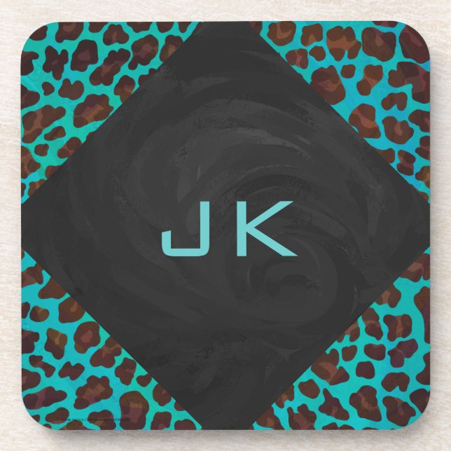 Monogram Teal and Brown Leopard Coaster (Front)