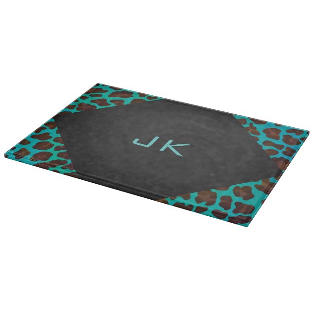 Monogram Teal and Brown Leopard Cutting Board (Corner)