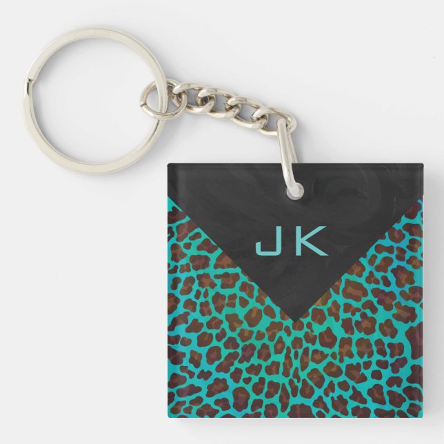 Monogram Teal and Brown Leopard Keychain (Front)