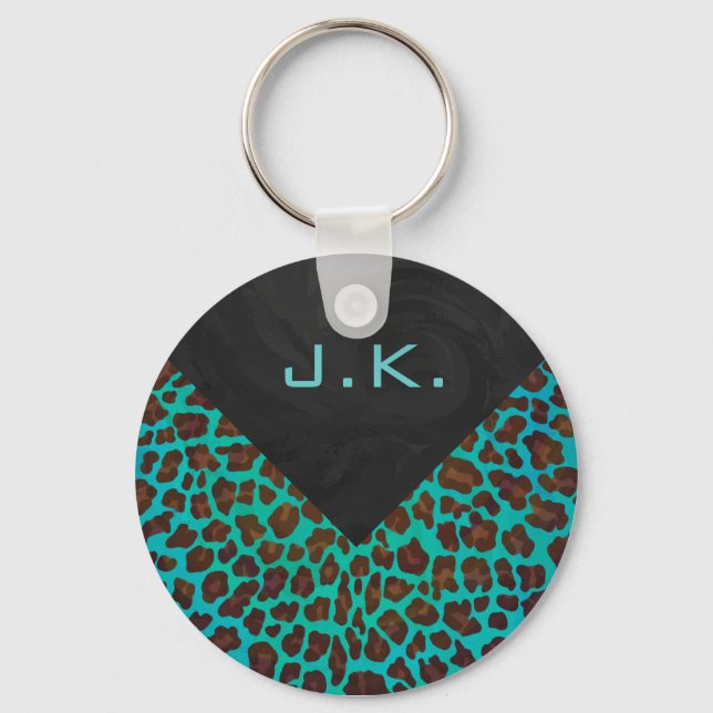 Monogram Teal and Brown Leopard Keychain (Front)