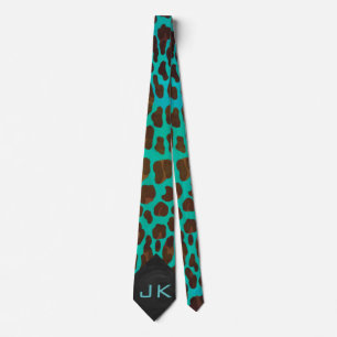 Monogram Teal and Brown Leopard Neck Tie