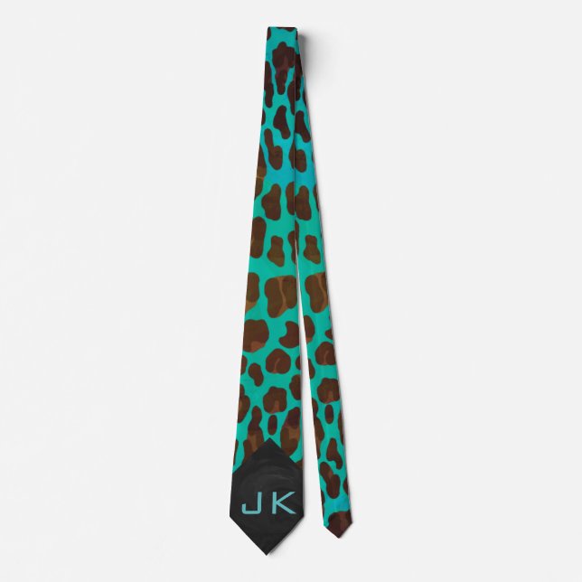 Monogram Teal and Brown Leopard Neck Tie (Front)